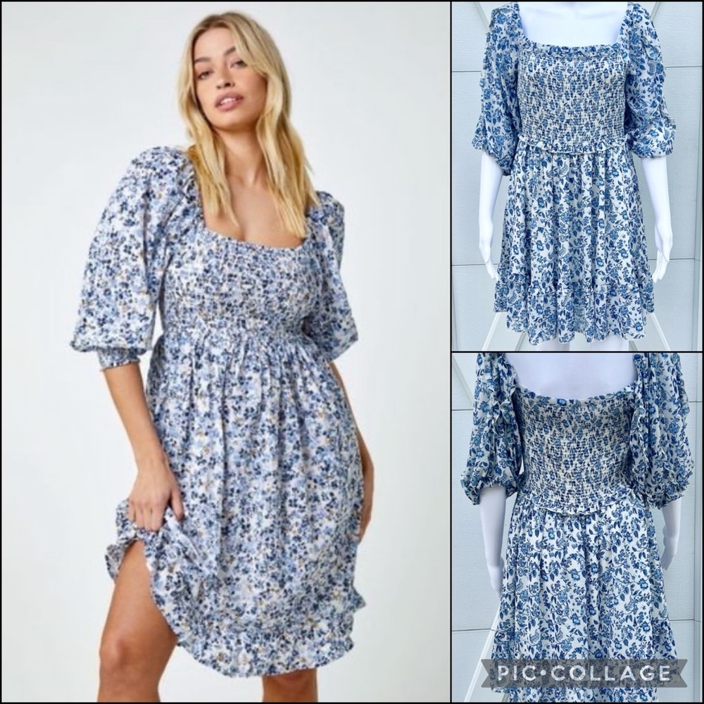 Revolve Super Natural by Secret Mission Blue Floral Chiffon Ruffle Peasant Dress
